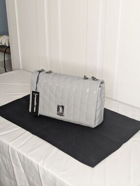Karl Lagerfeld Large Lafayette - Quilted Patent Leather, Smoke Grey, Silver, NWT